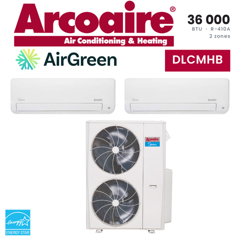 Thermopompe 2 zones Arcoaire DLCMHB de 36 000 BTU au R-410A : 2 unités murales et unité extérieure