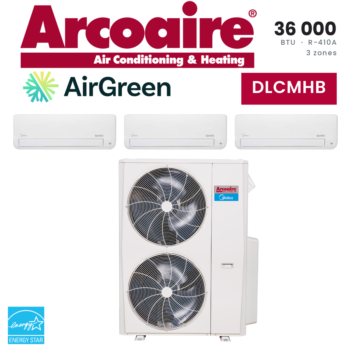 Thermopompe 3 zones Arcoaire DLCMHB de 36 000 BTU au R-410A : 3 unités murales et unité extérieure