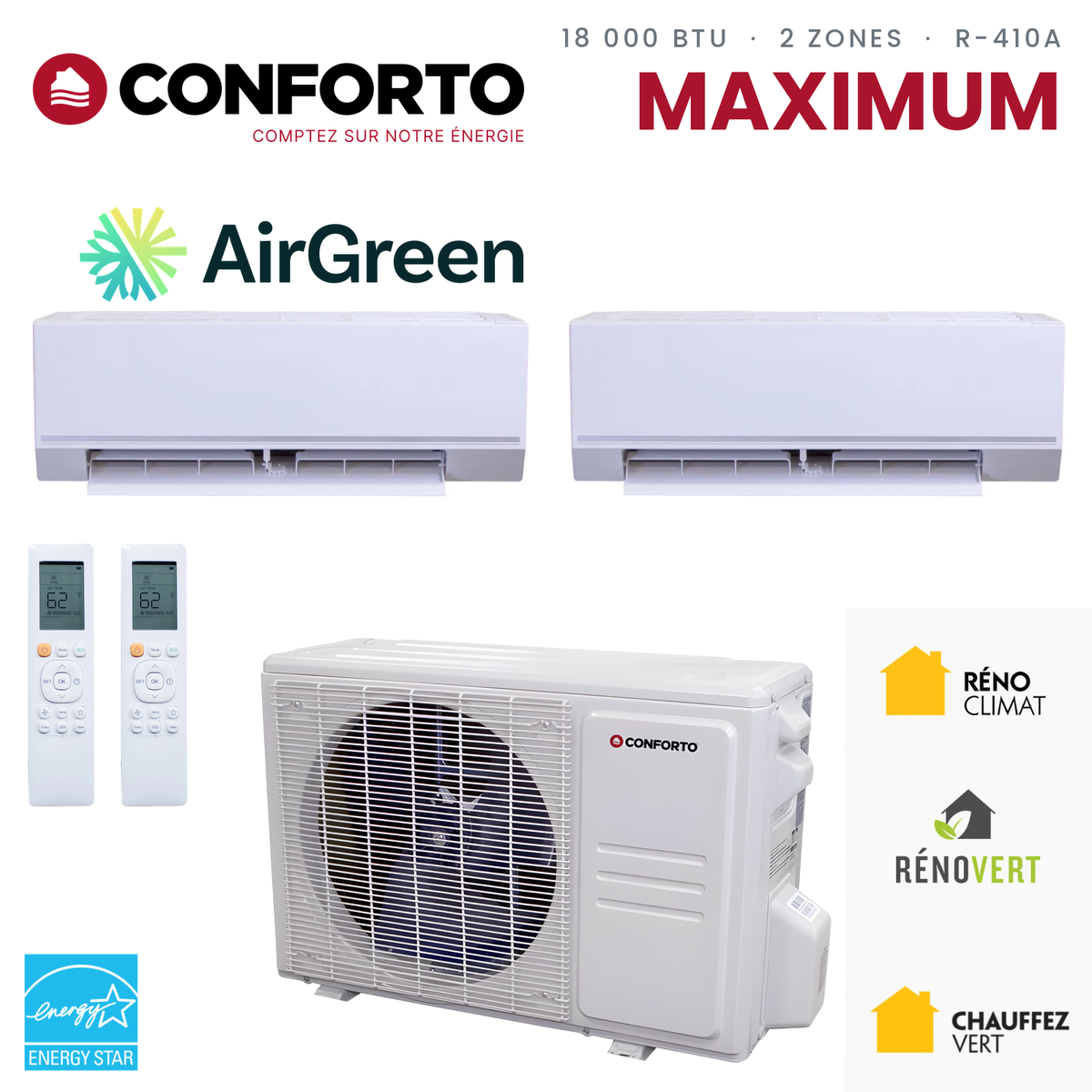 Thermopompe 2 zones Conforto Maximum MHMZ de 18 000 BTU au R-410A : 2 unités murales et unité extérieure