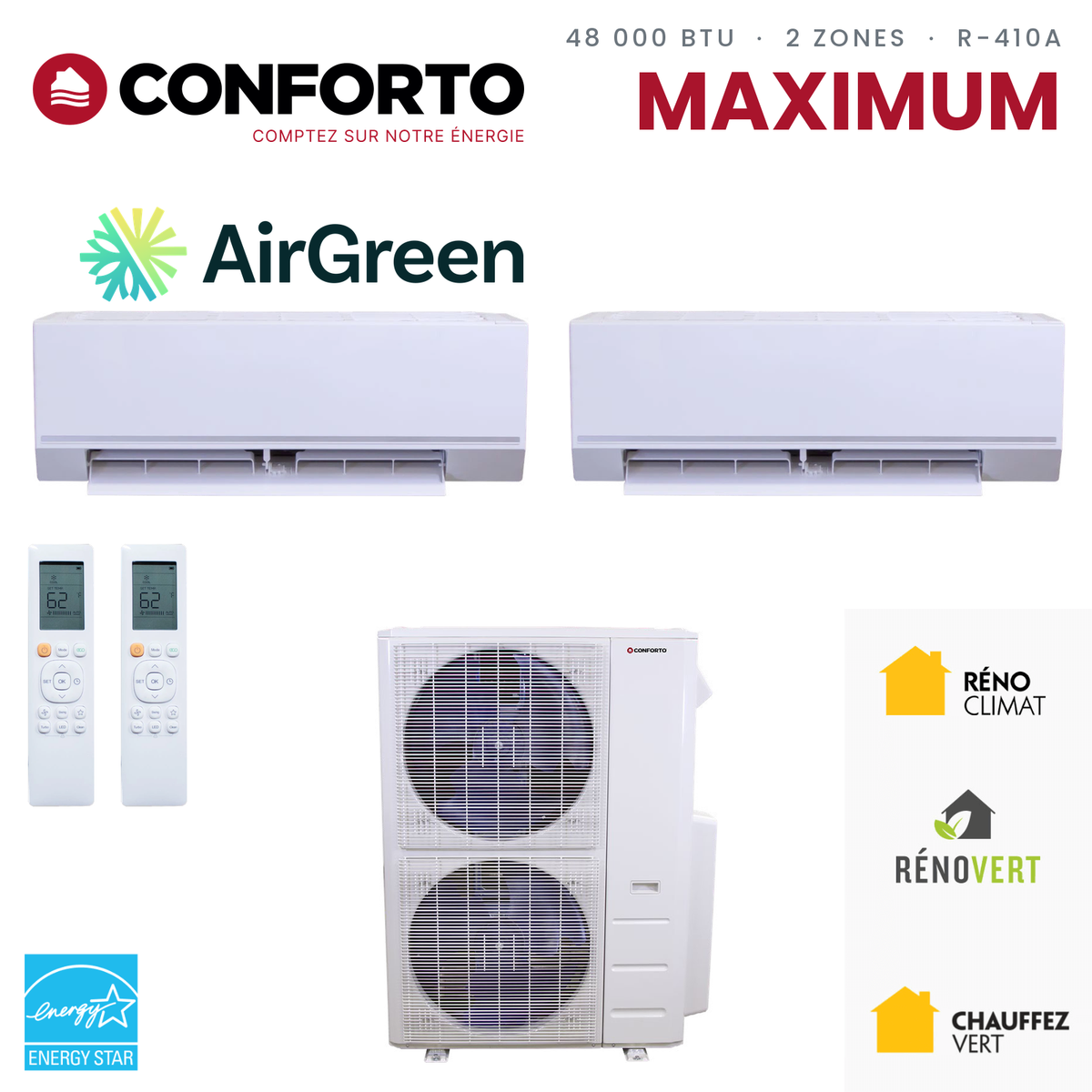 Thermopompe 2 zones Conforto Maximum MHMZ de 48 000 BTU au R-410A : 2 unités murales et unité extérieure