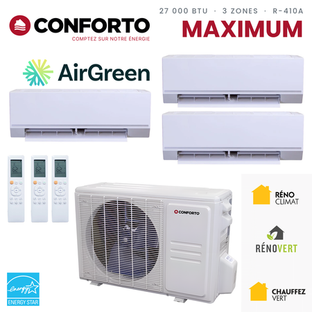 Thermopompe 3 zones Conforto Maximum MHMZ de 27 000 BTU au R-410A : 3 unités murales et unité extérieure