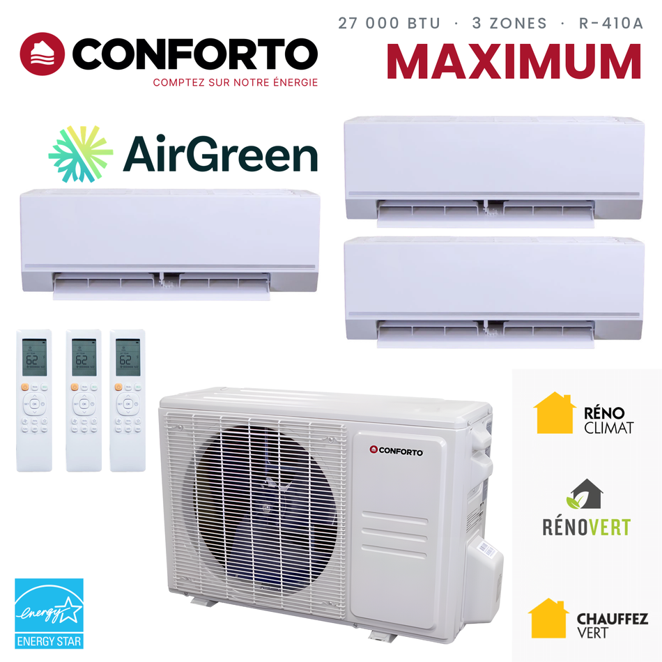 Thermopompe 3 zones Conforto Maximum MHMZ de 27 000 BTU au R-410A : 3 unités murales et unité extérieure