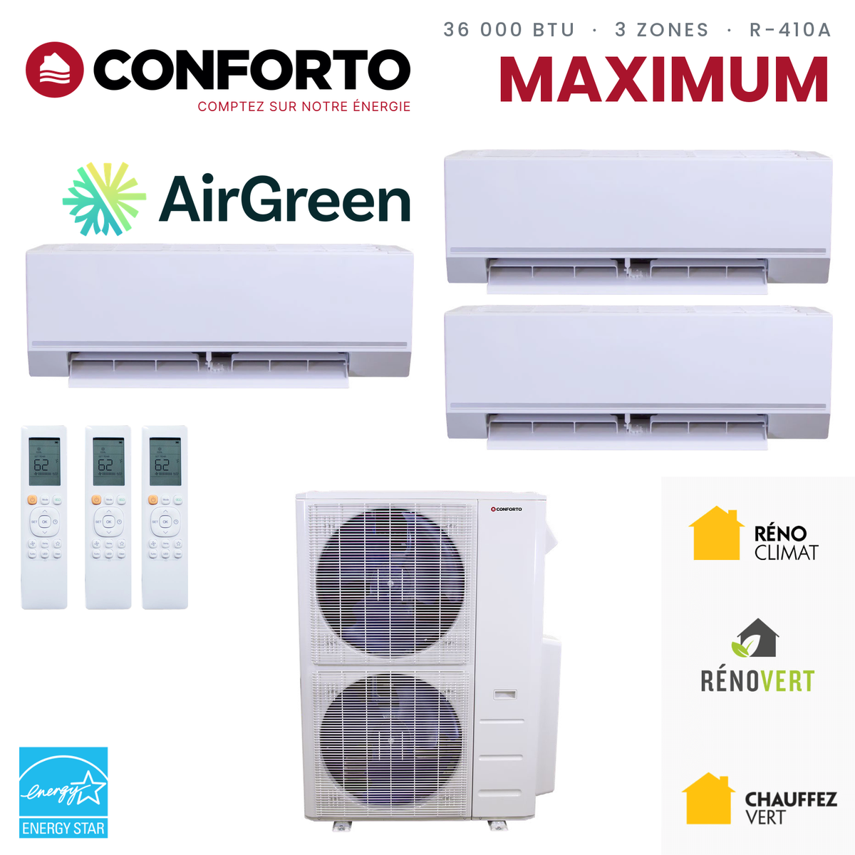 Thermopompe 3 zones Conforto Maximum MHMZ de 36 000 BTU au R-410A : 3 unités murales et unité extérieure