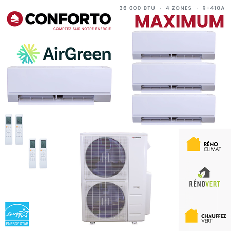 Thermopompe 4 zones Conforto Maximum MHMZ de 36 000 BTU au R-410A : 4 unités murales et unité extérieure