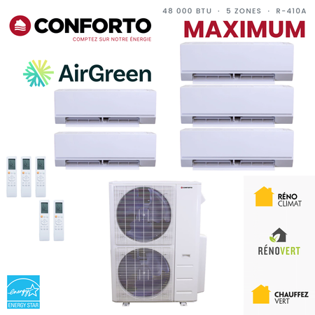 Thermopompe 5 zones Conforto Maximum MHMZ de 48 000 BTU au R-410A : 5 unités murales et unité extérieure