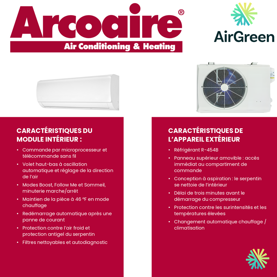 Thermopompe murale Arcoaire 16,8 SEER au R-454B : caractéristiques de l’unité intérieure et de l’unité extérieure