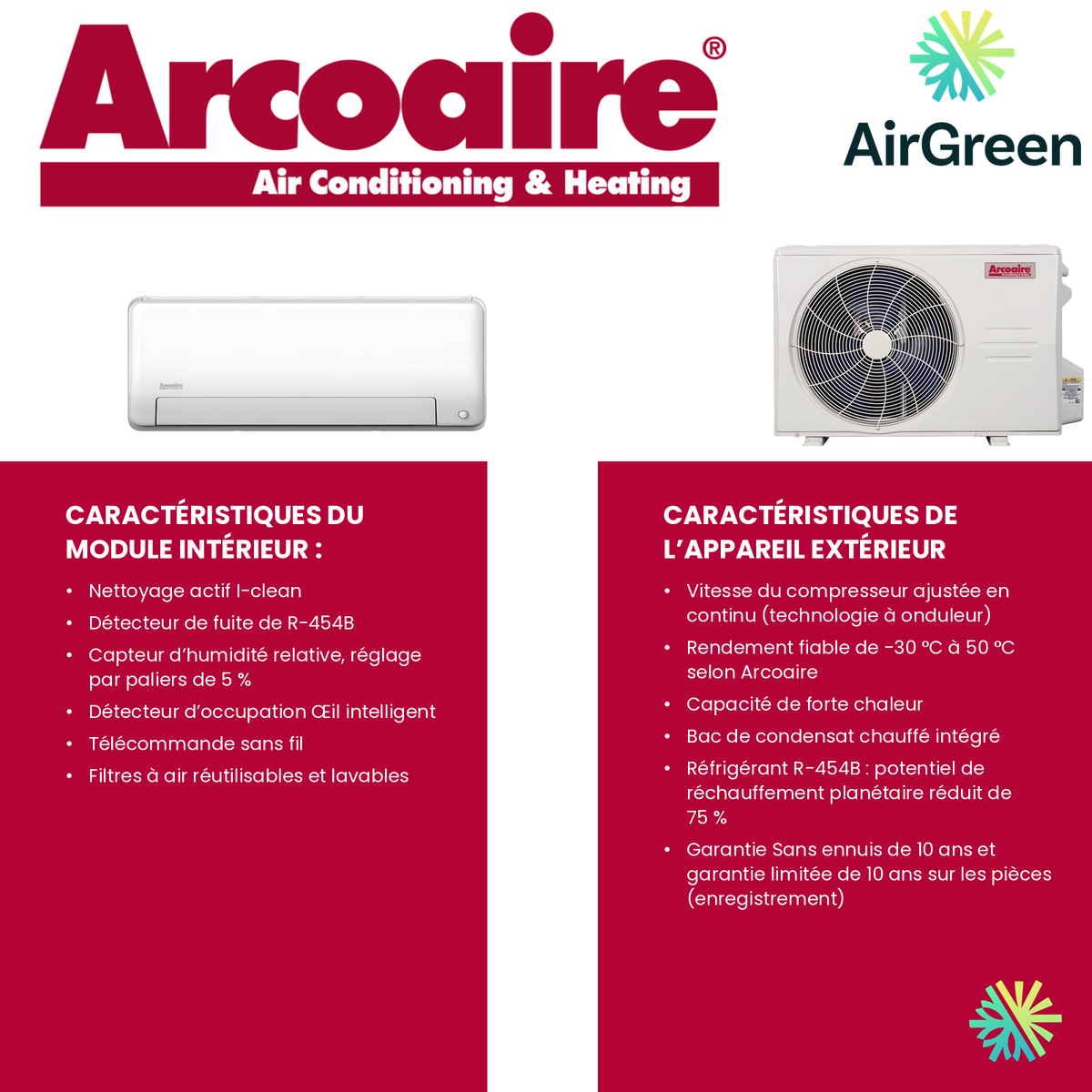 Thermopompe murale Arcoaire Deluxe au R-454B : caractéristiques de l’unité intérieure et de l’unité extérieure