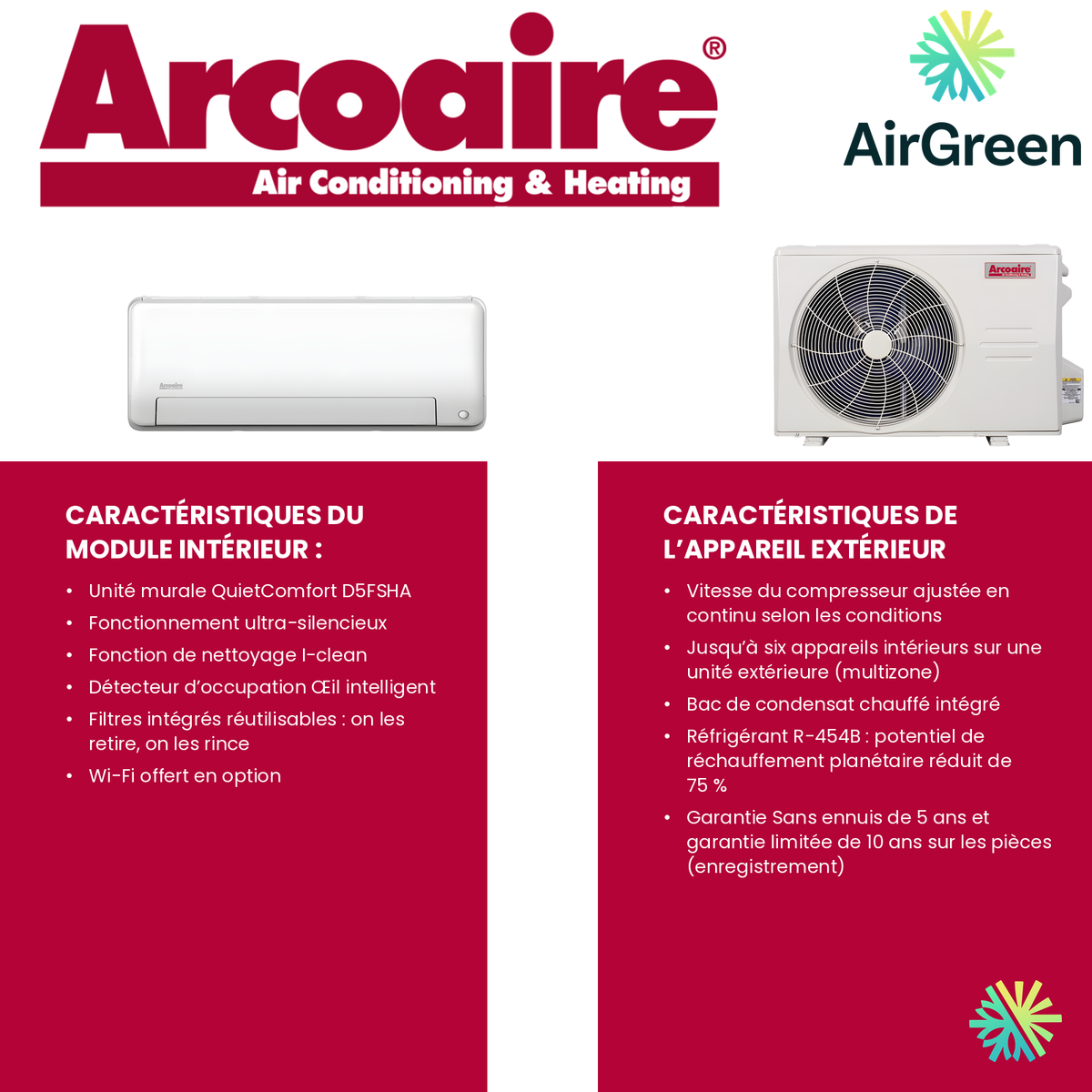 Thermopompe murale Arcoaire Duracomfort au R-454B : caractéristiques de l’unité intérieure et de l’unité extérieure