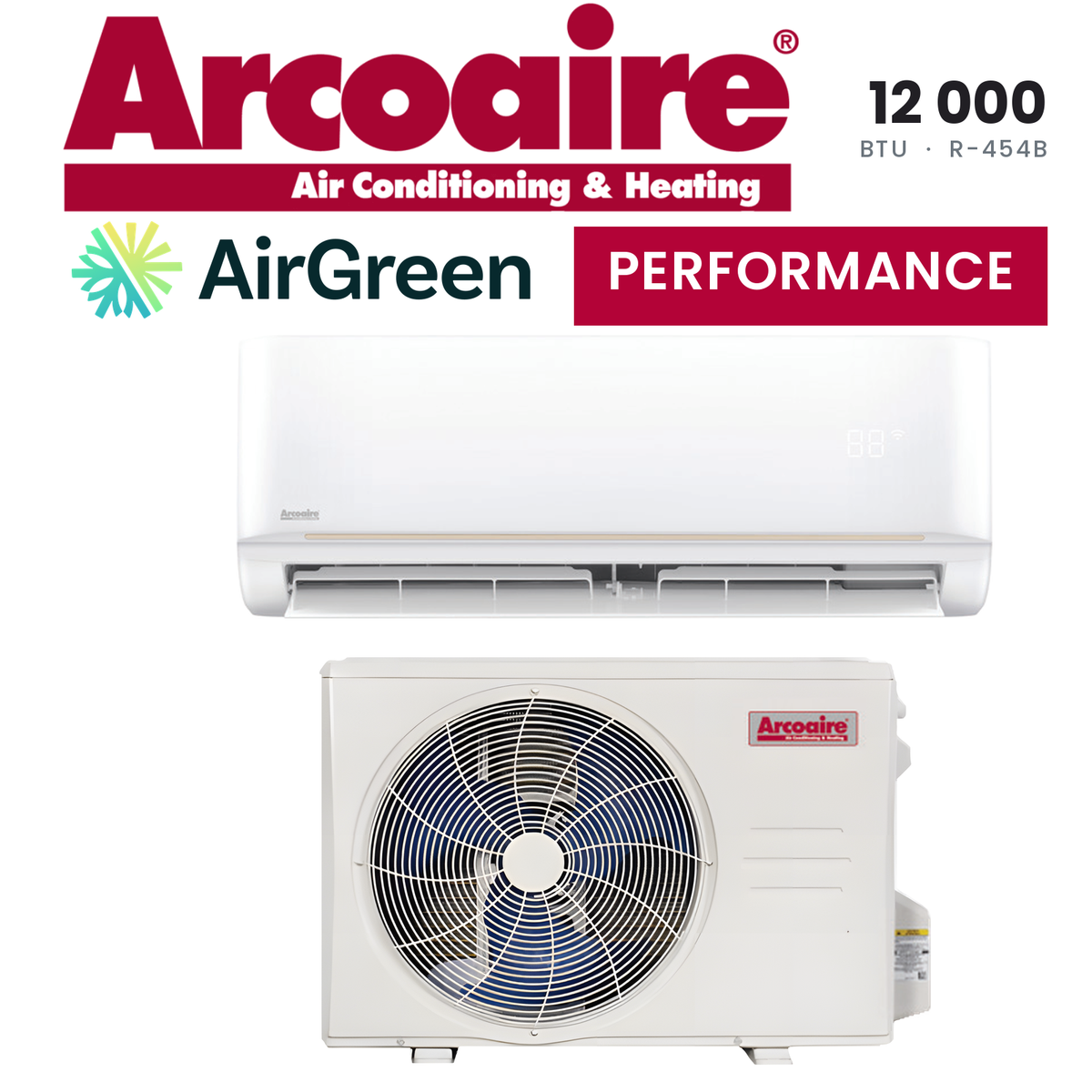 Thermopompe murale Arcoaire Performance de 12 000 BTU au R-454B, unité intérieure et unité extérieure