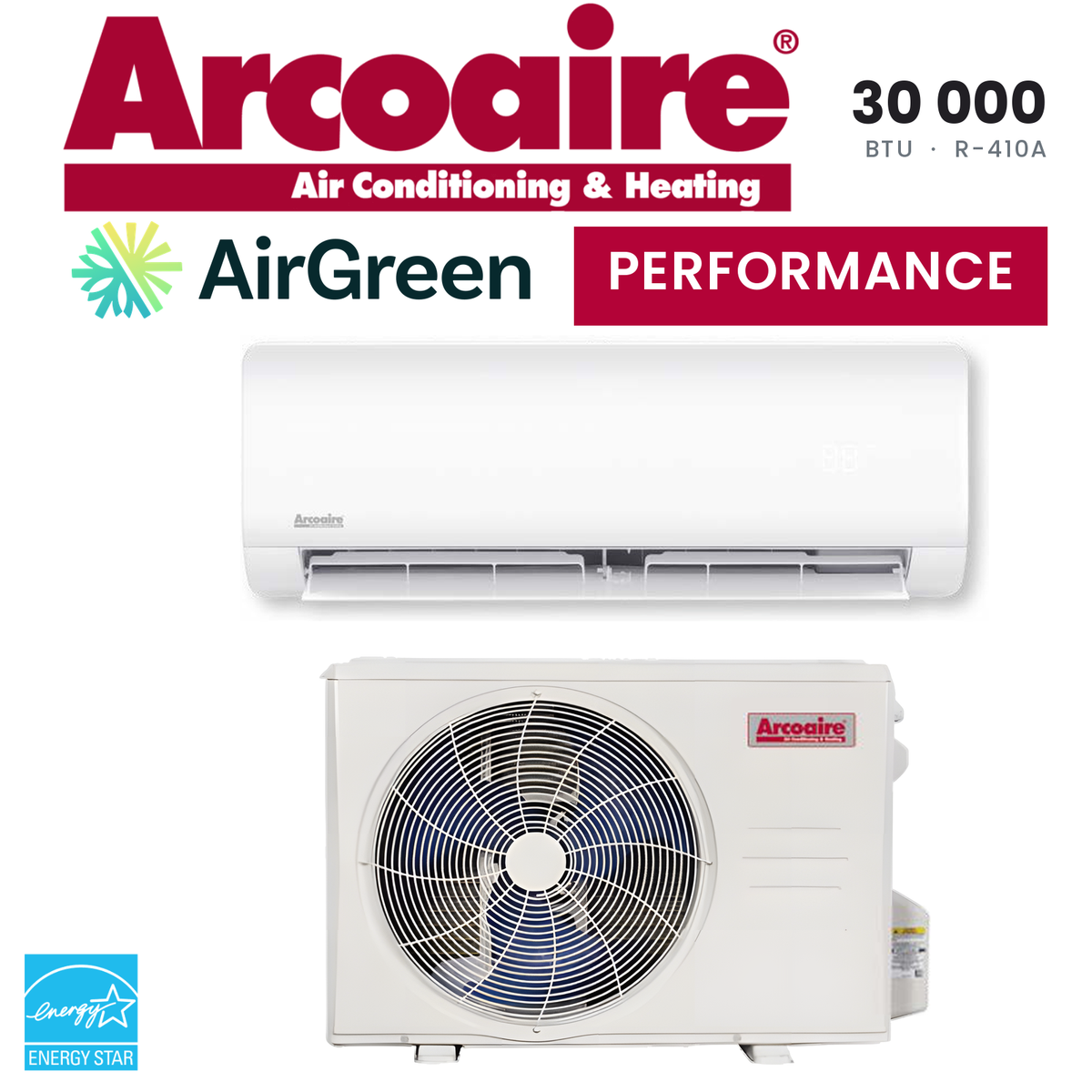 Thermopompe murale Arcoaire Performance de 30 000 BTU au R-410A, unité intérieure et unité extérieure