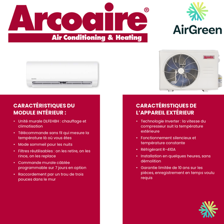 Thermopompe murale Arcoaire Performance au R-410A : caractéristiques de l’unité intérieure et de l’unité extérieure