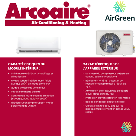 Thermopompe murale Arcoaire Performance au R-454B : caractéristiques de l’unité intérieure et de l’unité extérieure