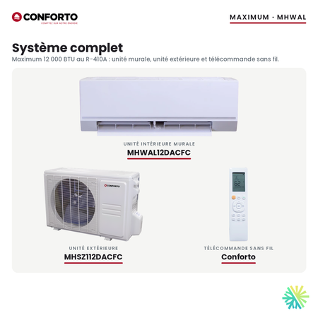 Système complet Conforto Maximum 12 000 BTU : unité murale MHWAL12DACFC, unité extérieure MHSZ112DACFC, télécommande