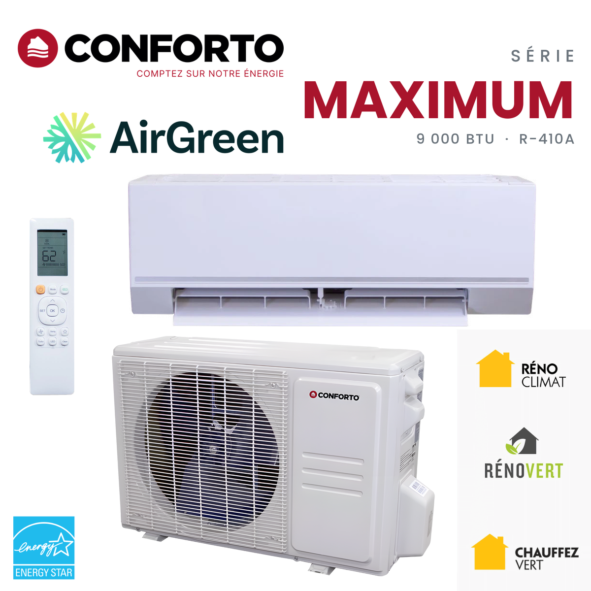 Thermopompe murale Conforto Maximum MHWAL de 9 000 BTU au R-410A, unité murale, unité extérieure et télécommande