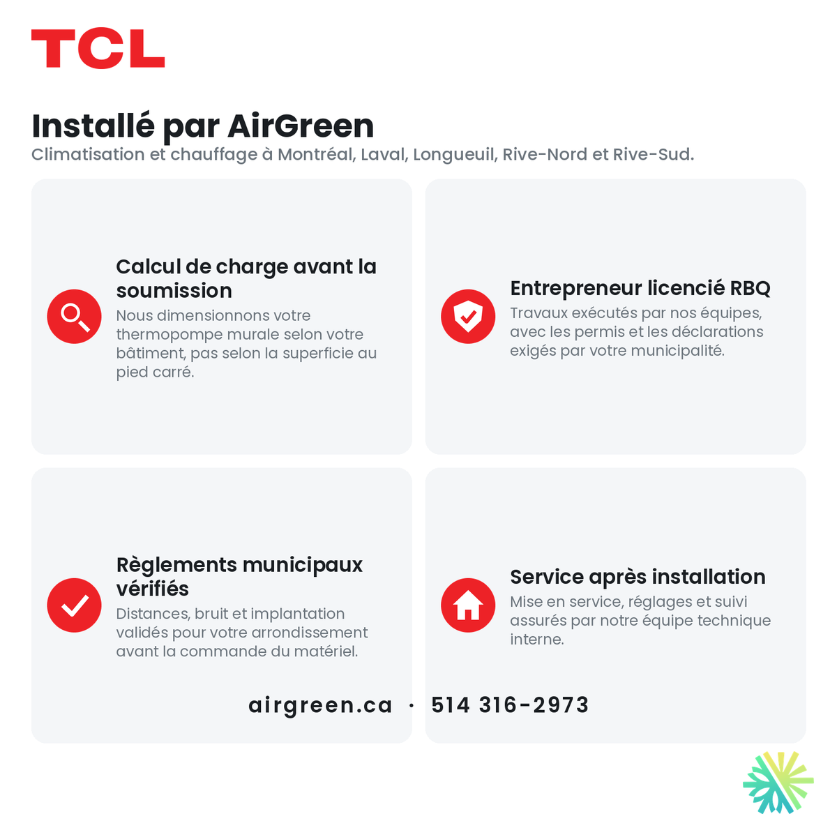 Installation par AirGreen à Montréal, Laval et la Rive-Sud