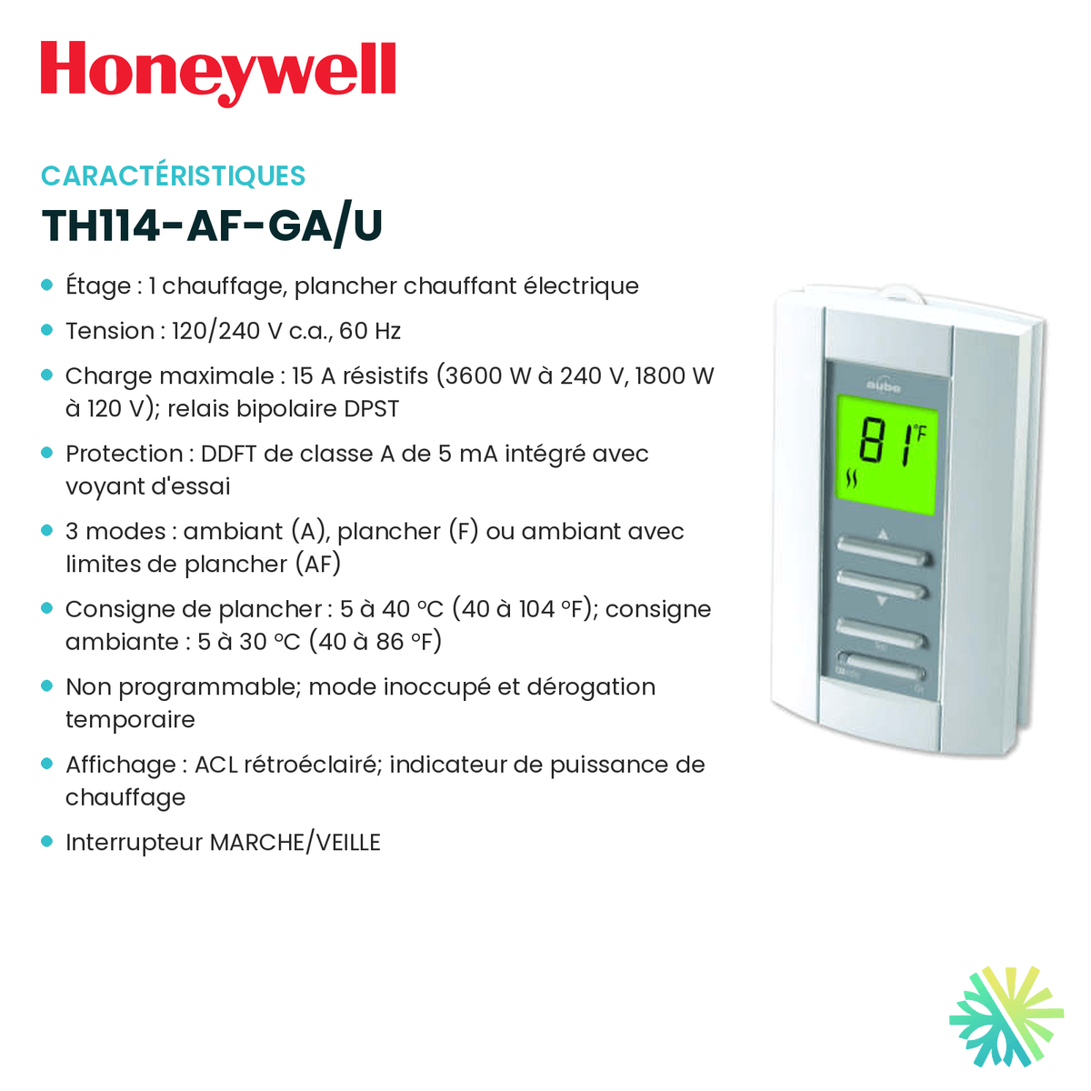 Fiche technique : Thermostat de plancher chauffant HONEYWELL TH114-AF-GA/U — AirGreen, Montréal, Laval, Longueuil, Rive-Sud et Rive-Nord