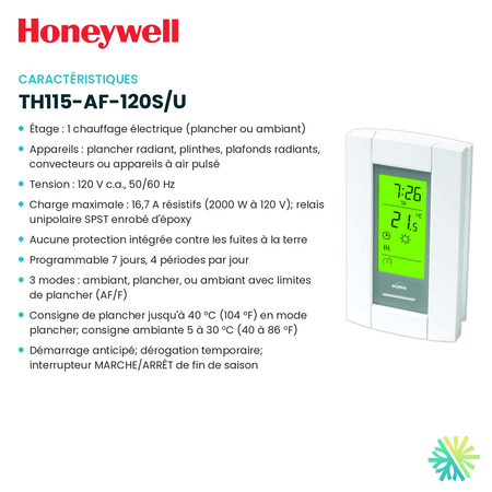 Fiche technique : Thermostat de plancher chauffant HONEYWELL TH115-AF-120S/U — AirGreen, Montréal, Laval, Longueuil, Rive-Sud et Rive-Nord