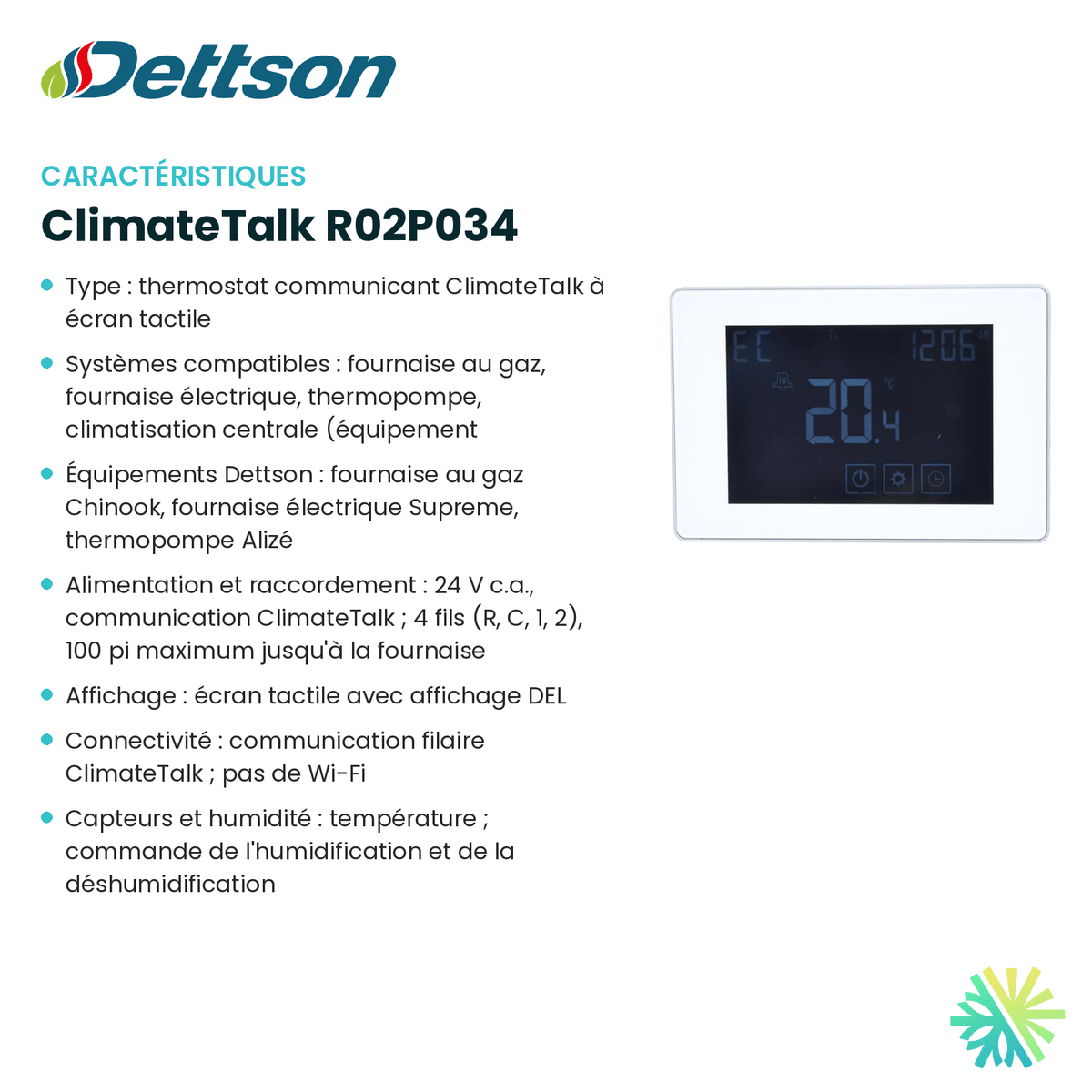Fiche technique : Thermostat DETTSON ClimateTalk R02P034 — AirGreen, Montréal, Laval, Longueuil, Rive-Sud et Rive-Nord