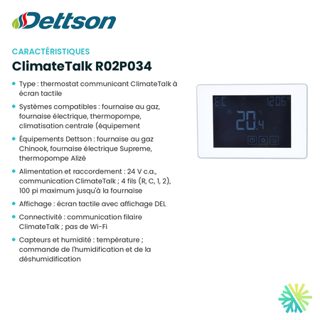 Fiche technique : Thermostat DETTSON ClimateTalk R02P034 — AirGreen, Montréal, Laval, Longueuil, Rive-Sud et Rive-Nord