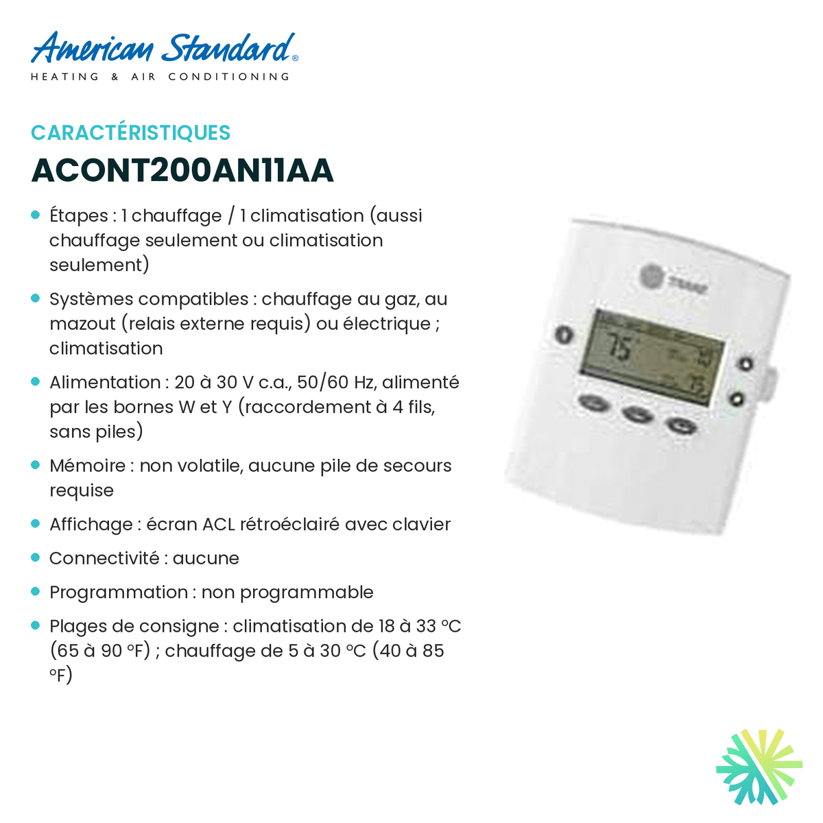 Fiche technique : Thermostat électronique AMERICAN STANDARD ACONT200AN11AA — AirGreen, Montréal, Laval, Longueuil, Rive-Sud et Rive-Nord