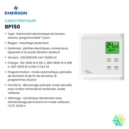 Fiche technique : Thermostat électronique EMERSON BP150 — AirGreen, Montréal, Laval, Longueuil, Rive-Sud et Rive-Nord