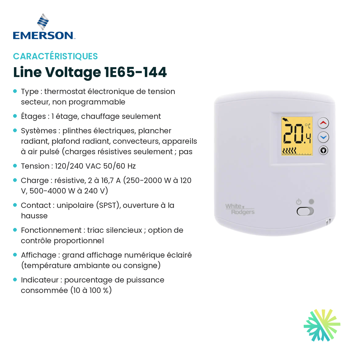 Fiche technique : Thermostat électronique EMERSON Line Voltage 1E65-144 — AirGreen, Montréal, Laval, Longueuil, Rive-Sud et Rive-Nord