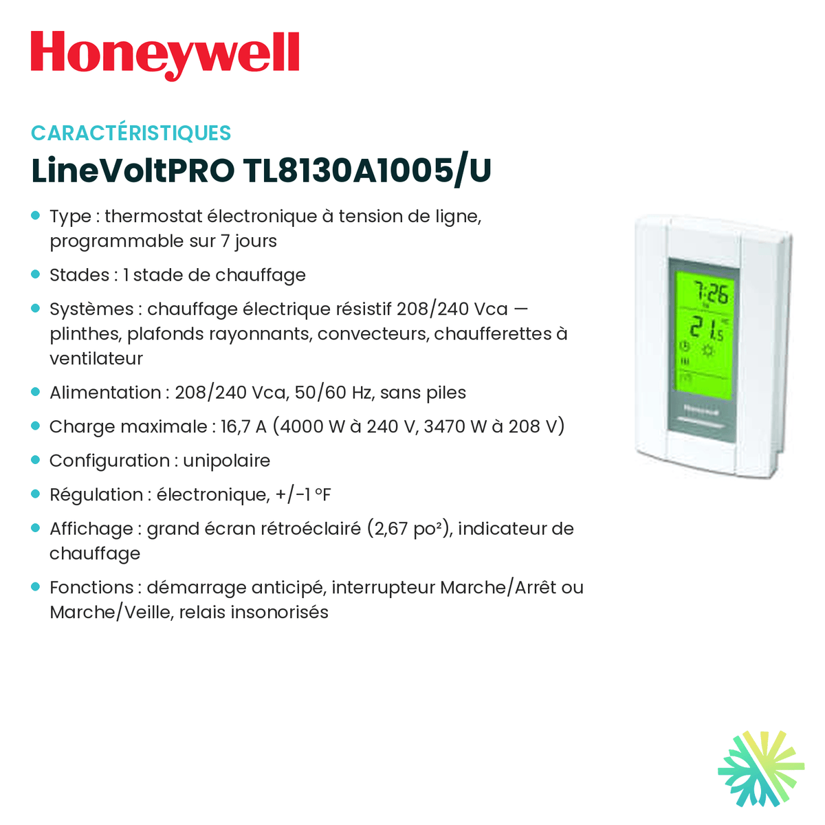 Fiche technique : Thermostat électronique HONEYWELL LineVoltPRO TL8130A1005/U — AirGreen, Montréal, Laval, Longueuil, Rive-Sud et Rive-Nord