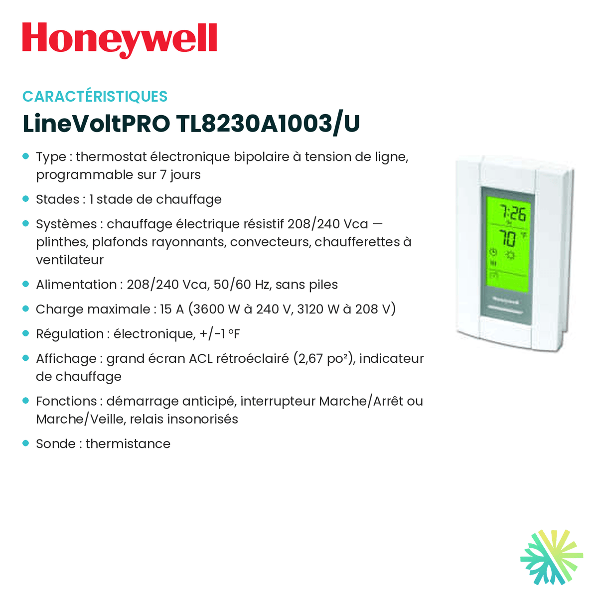 Fiche technique : Thermostat électronique HONEYWELL LineVoltPRO TL8230A1003/U — AirGreen, Montréal, Laval, Longueuil, Rive-Sud et Rive-Nord