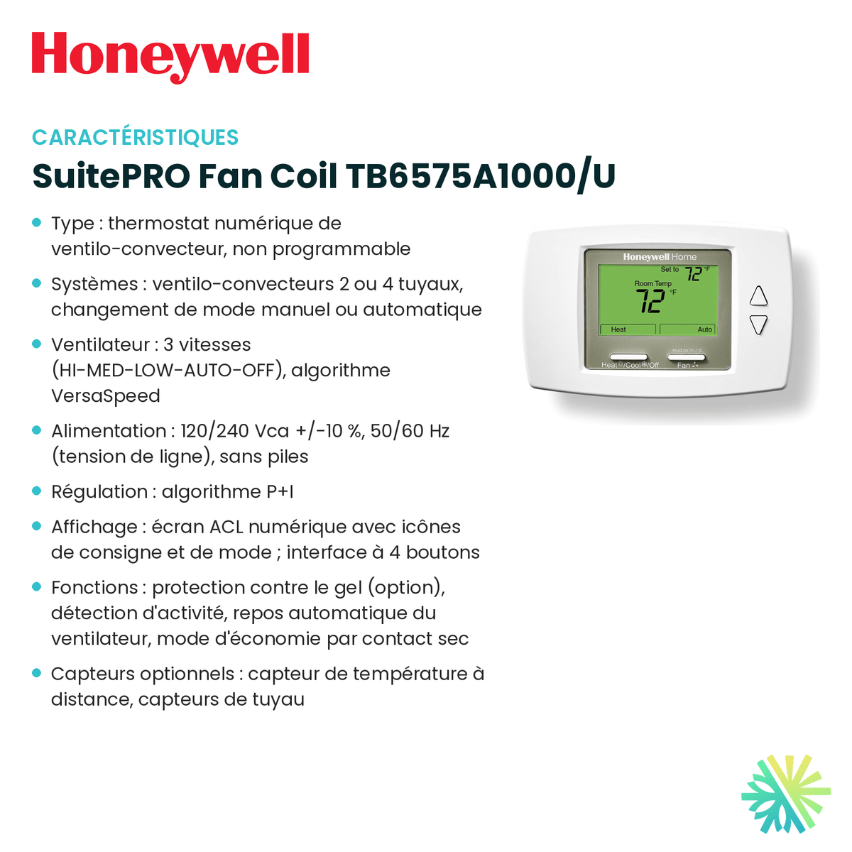 Fiche technique : Thermostat électronique HONEYWELL SuitePRO Fan Coil TB6575A1000/U — AirGreen, Montréal, Laval, Longueuil, Rive-Sud et Rive-Nord