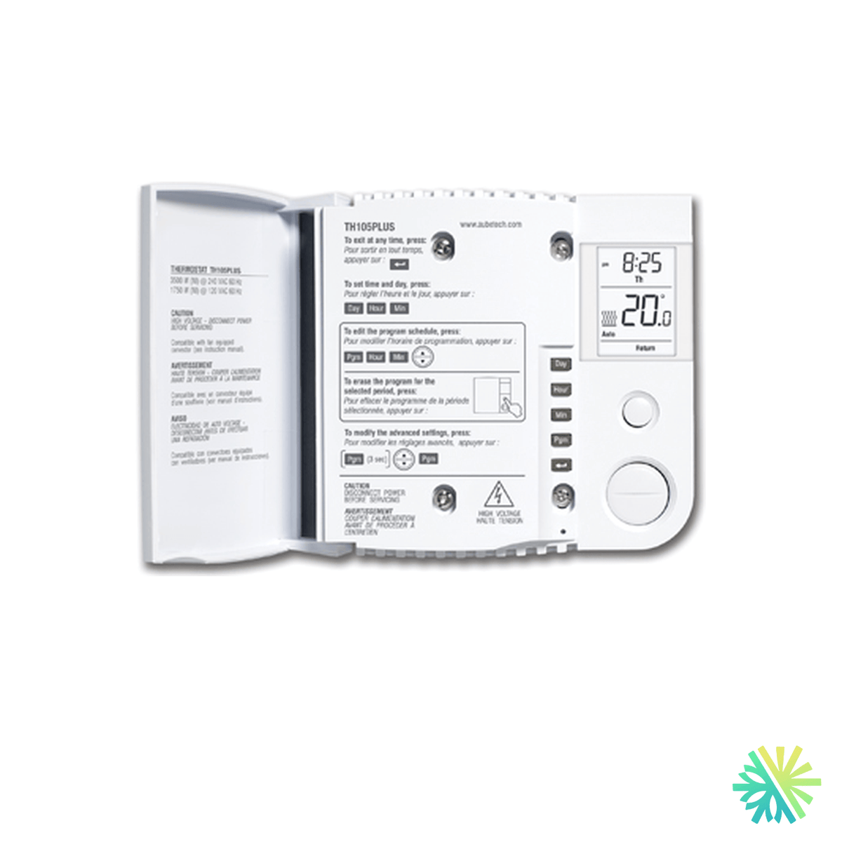 Fiche technique : Thermostat électronique HONEYWELL TH105PLUS/U — AirGreen, Montréal, Laval, Longueuil, Rive-Sud et Rive-Nord