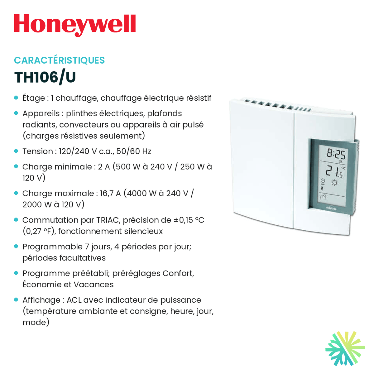 Fiche technique : Thermostat électronique HONEYWELL TH106/U — AirGreen, Montréal, Laval, Longueuil, Rive-Sud et Rive-Nord