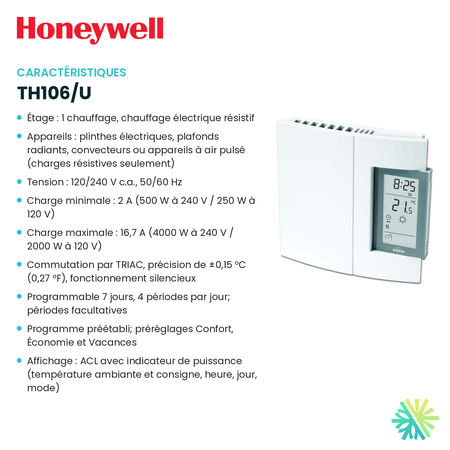 Fiche technique : Thermostat électronique HONEYWELL TH106/U — AirGreen, Montréal, Laval, Longueuil, Rive-Sud et Rive-Nord