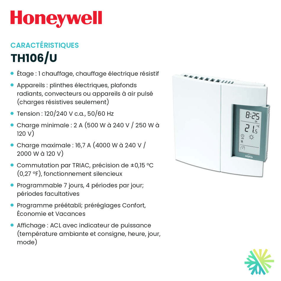 Fiche technique : Thermostat électronique HONEYWELL TH106/U — AirGreen, Montréal, Laval, Longueuil, Rive-Sud et Rive-Nord