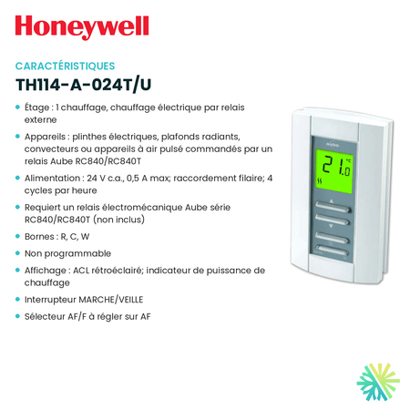 Fiche technique : Thermostat électronique HONEYWELL TH114-A-024T/U — AirGreen, Montréal, Laval, Longueuil, Rive-Sud et Rive-Nord