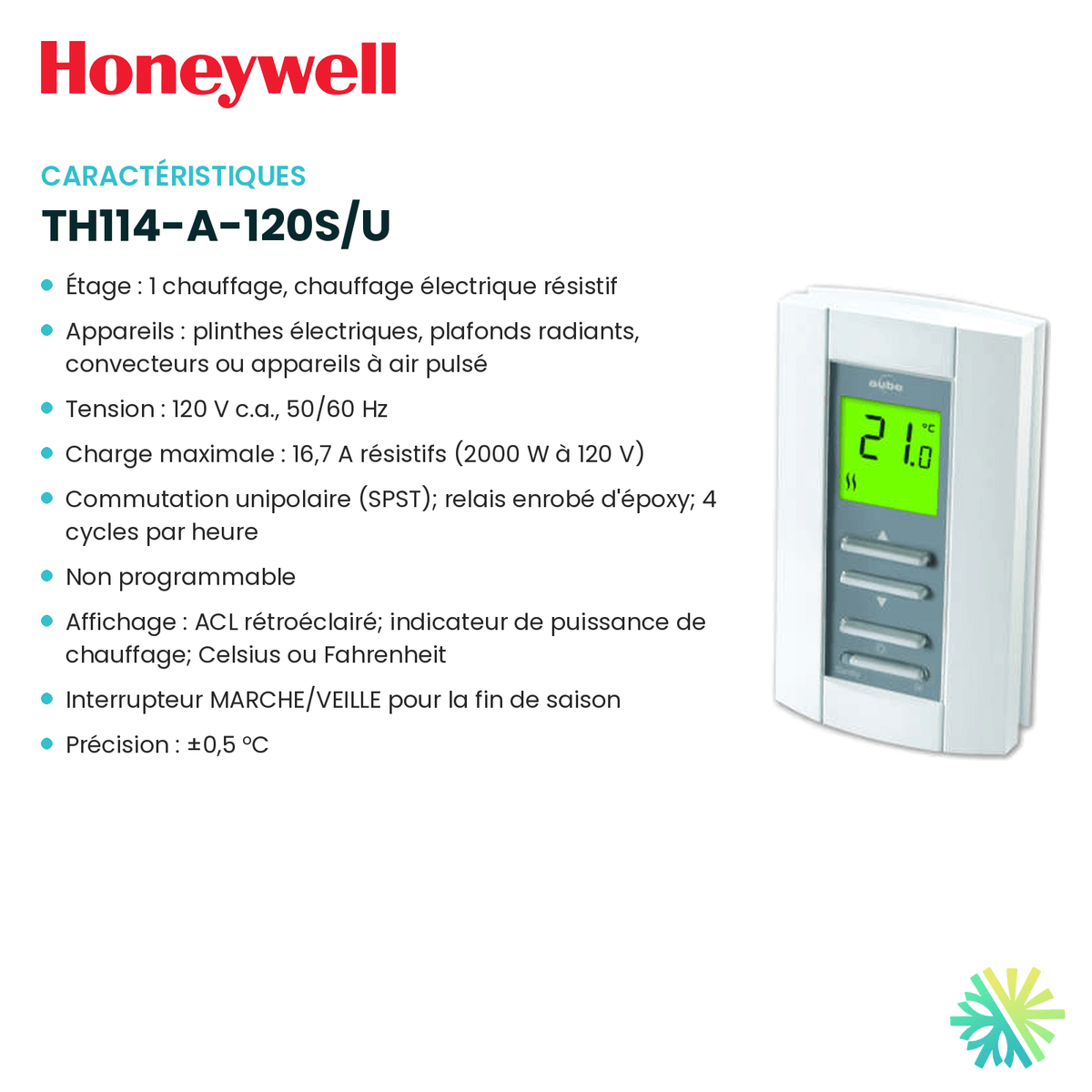 Fiche technique : Thermostat électronique HONEYWELL TH114-A-120S/U — AirGreen, Montréal, Laval, Longueuil, Rive-Sud et Rive-Nord