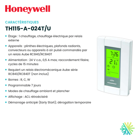 Fiche technique : Thermostat électronique HONEYWELL TH115-A-024T/U — AirGreen, Montréal, Laval, Longueuil, Rive-Sud et Rive-Nord