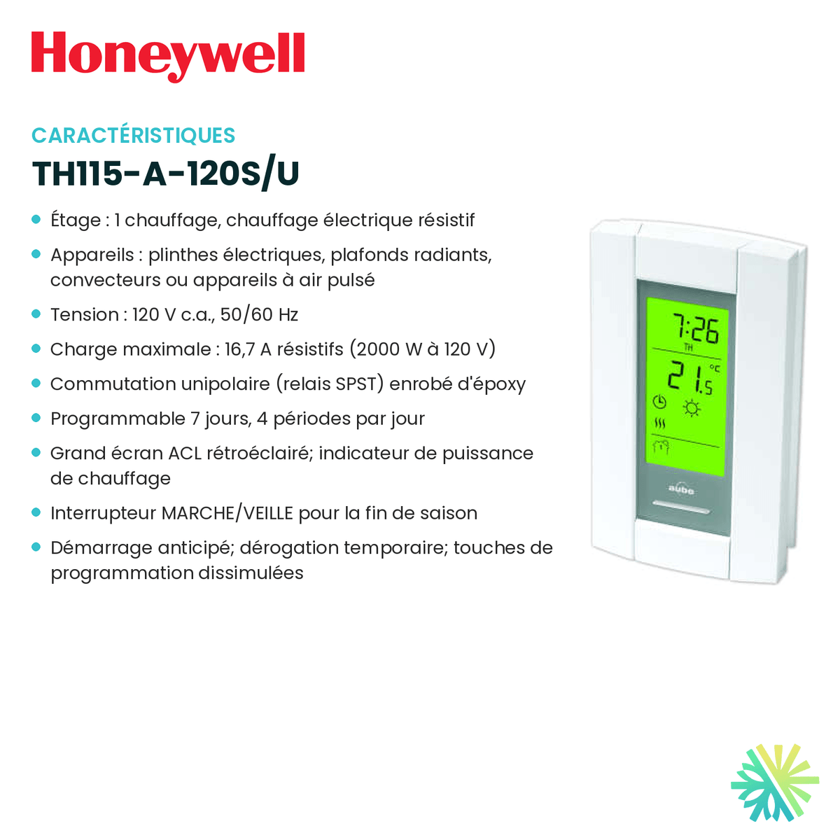 Fiche technique : Thermostat électronique HONEYWELL TH115-A-120S/U — AirGreen, Montréal, Laval, Longueuil, Rive-Sud et Rive-Nord