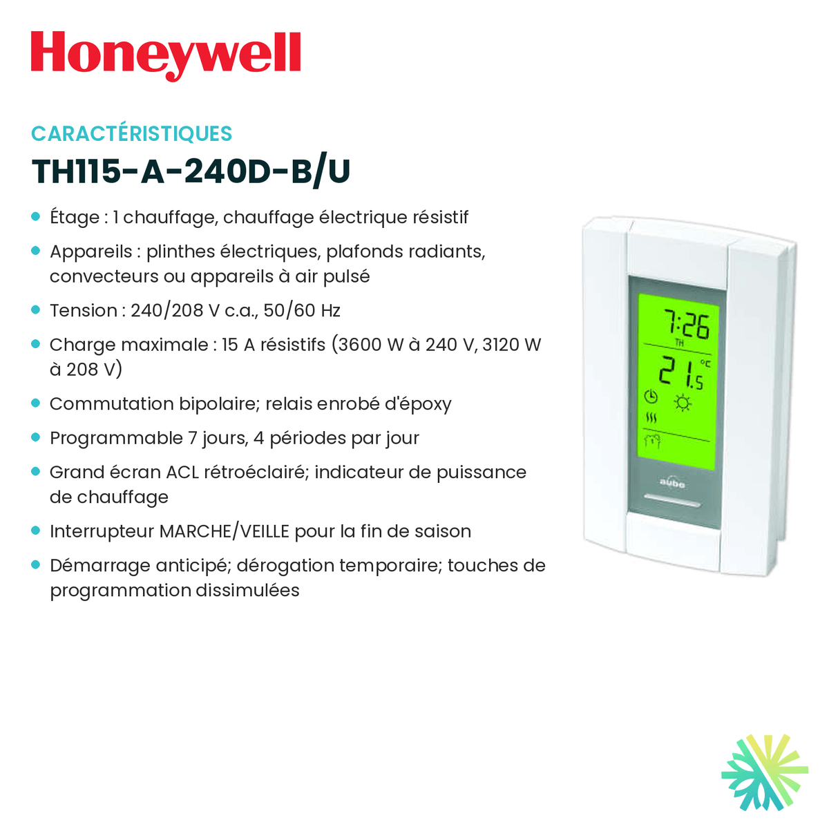 Fiche technique : Thermostat électronique HONEYWELL TH115-A-240D-B/U — AirGreen, Montréal, Laval, Longueuil, Rive-Sud et Rive-Nord