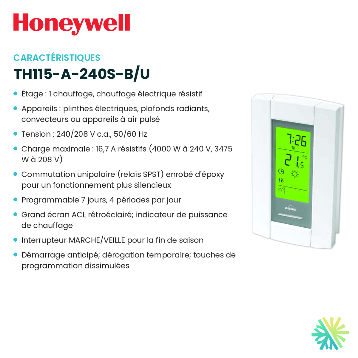 Fiche technique : Thermostat électronique HONEYWELL TH115-A-240S-B/U — AirGreen, Montréal, Laval, Longueuil, Rive-Sud et Rive-Nord