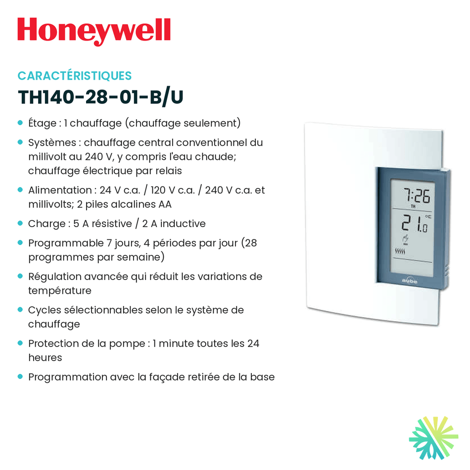 Fiche technique : Thermostat électronique HONEYWELL TH140-28-01-B/U — AirGreen, Montréal, Laval, Longueuil, Rive-Sud et Rive-Nord