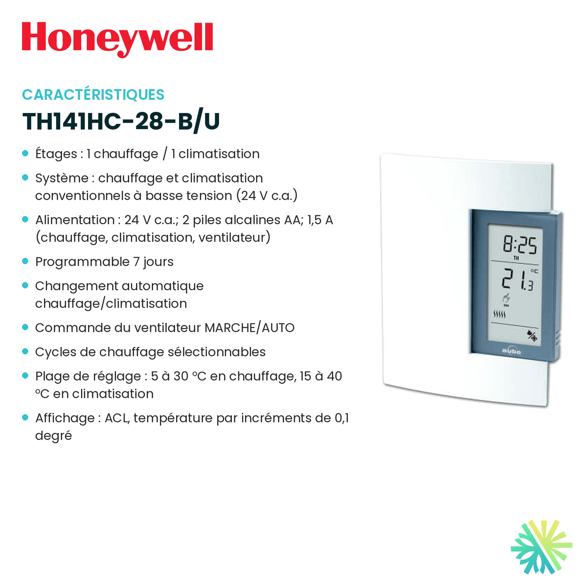 Fiche technique : Thermostat électronique HONEYWELL TH141HC-28-B/U — AirGreen, Montréal, Laval, Longueuil, Rive-Sud et Rive-Nord