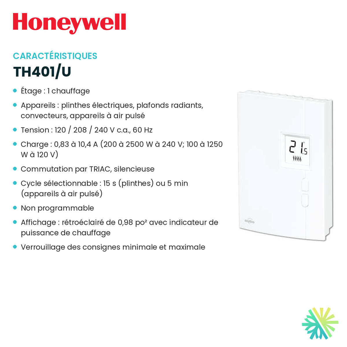 Fiche technique : Thermostat électronique HONEYWELL TH401/U — AirGreen, Montréal, Laval, Longueuil, Rive-Sud et Rive-Nord