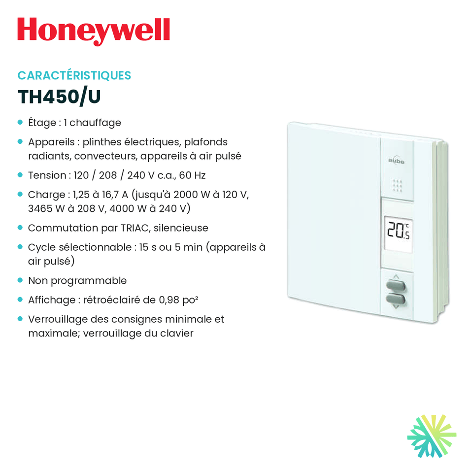 Fiche technique : Thermostat électronique HONEYWELL TH450/U — AirGreen, Montréal, Laval, Longueuil, Rive-Sud et Rive-Nord