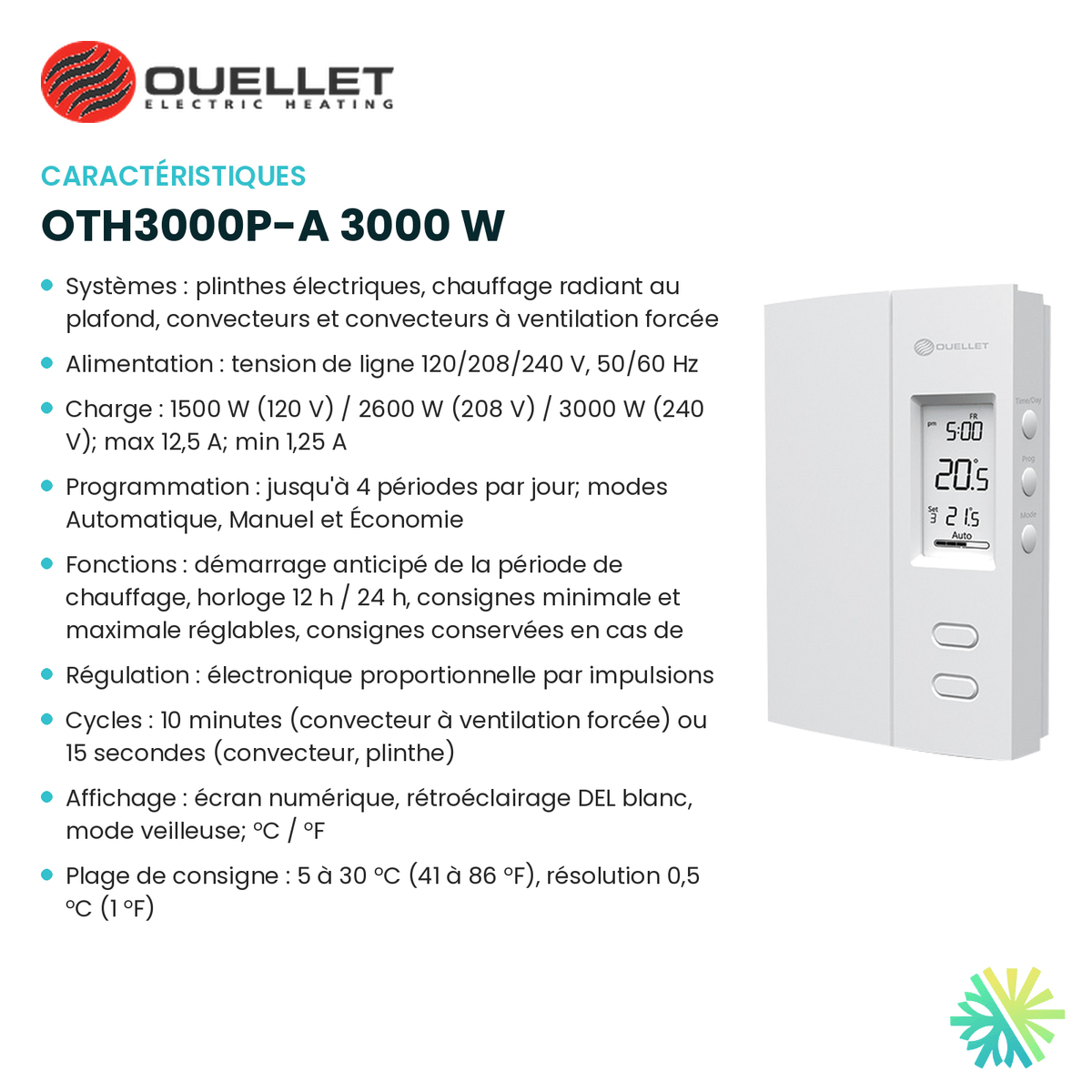Fiche technique : Thermostat électronique OUELLET OTH3000P-A 3000 W — AirGreen, Montréal, Laval, Longueuil, Rive-Sud et Rive-Nord