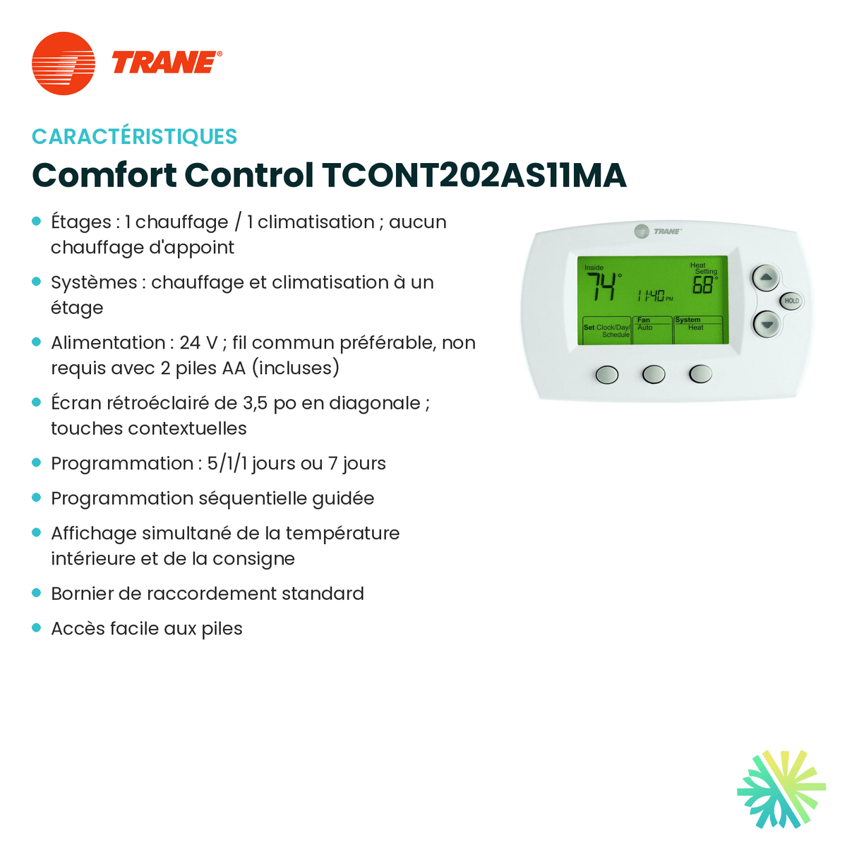 Fiche technique : Thermostat électronique TRANE Comfort Control TCONT202AS11MA — AirGreen, Montréal, Laval, Longueuil, Rive-Sud et Rive-Nord