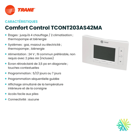 Fiche technique : Thermostat électronique TRANE Comfort Control TCONT203AS42MA — AirGreen, Montréal, Laval, Longueuil, Rive-Sud et Rive-Nord