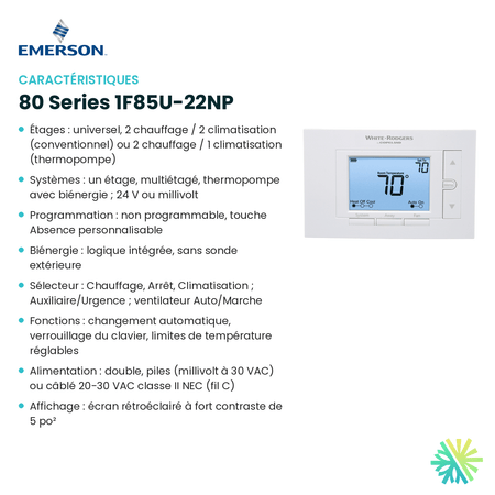 Fiche technique : Thermostat EMERSON 80 Series 1F85U-22NP — AirGreen, Montréal, Laval, Longueuil, Rive-Sud et Rive-Nord