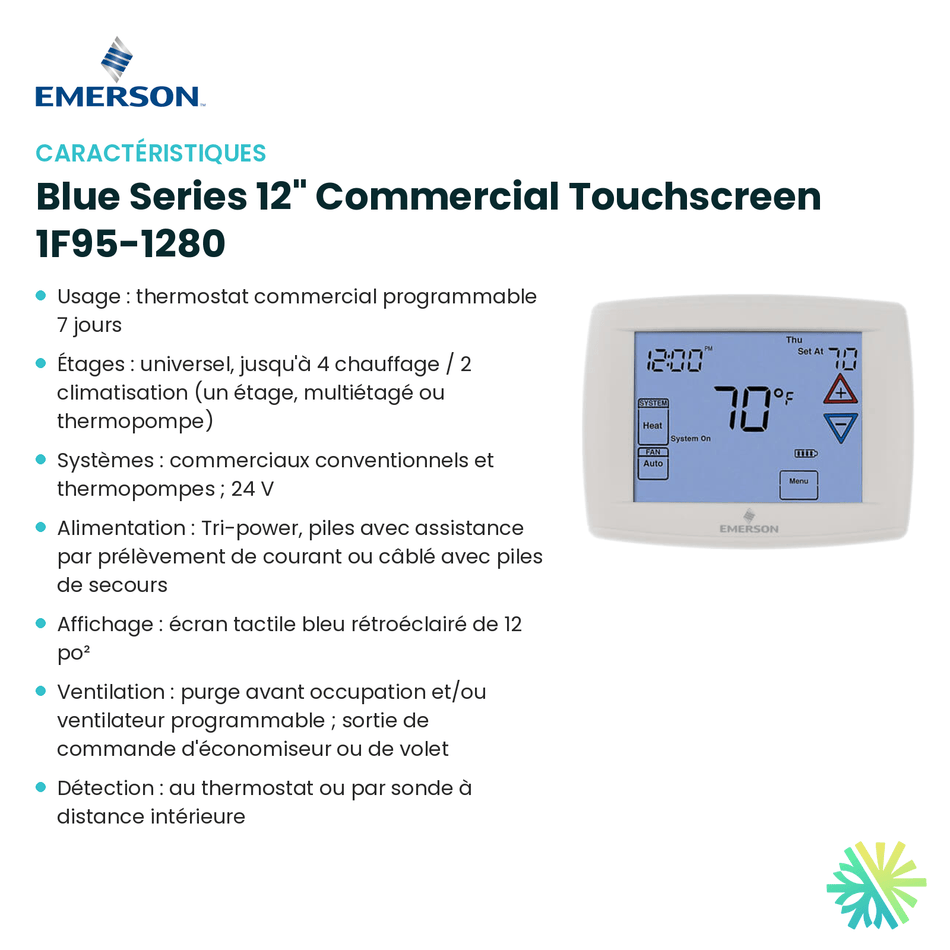 Fiche technique : Thermostat EMERSON Blue Series 12" Commercial Touchscreen 1F95-1280 — AirGreen, Montréal, Laval, Longueuil, Rive-Sud et Rive-Nord