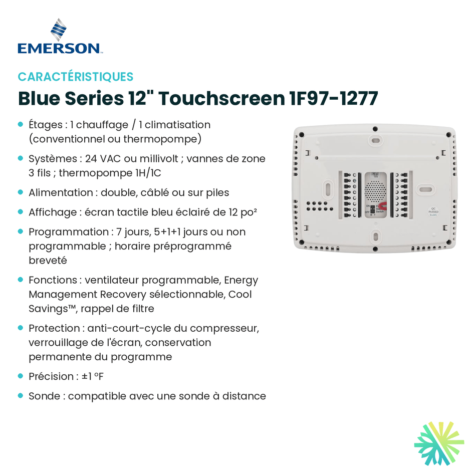 Fiche technique : Thermostat EMERSON Blue Series 12" Touchscreen 1F97-1277 — AirGreen, Montréal, Laval, Longueuil, Rive-Sud et Rive-Nord