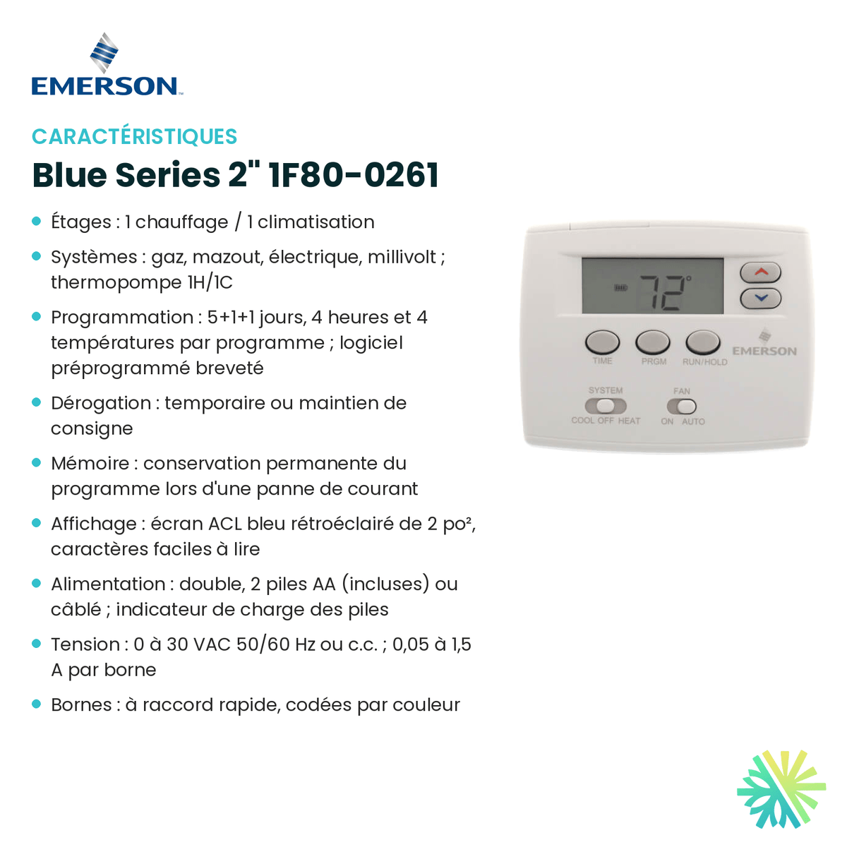 Fiche technique : Thermostat EMERSON Blue Series 2" 1F80-0261 — AirGreen, Montréal, Laval, Longueuil, Rive-Sud et Rive-Nord